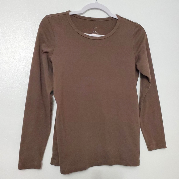 Womens Long Sleeve Shirt Size Small Basic Solid Brown Lounge Coup Neck - Picture 2 of 6